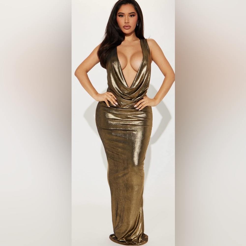 Gold Metallic Cowl Neck Bodycon Dress